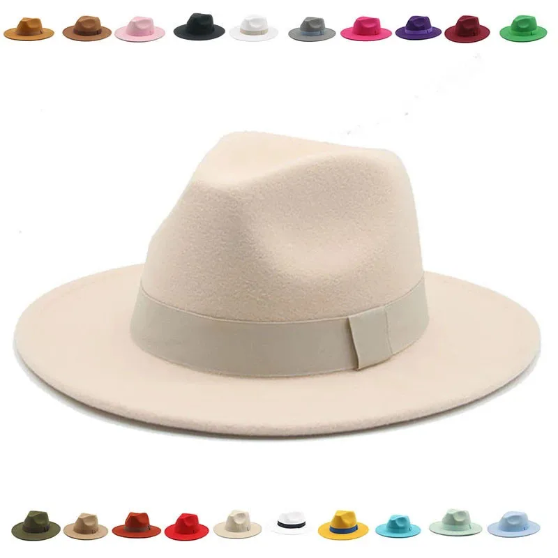 Fedora Hat Wool - หมวกเฟโดร่าสำหรับผู้หญิง หมวกฤดูหนาวสำหรับผู้หญิง พร้อมริบบิ้นตกแต่ง หมวกผู้ชาย ปีกกว้าง สไตล์คลาสสิก
