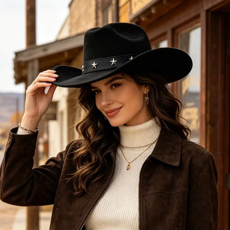 Fedora Hat Wool - หมวกคาวบอยปีกกว้างสำหรับผู้หญิง ขายดี แฟชั่นหมวกเฟโดร่าผ้าสักหลาด หมวกวินเทจผ้าขนสัตว์สำหรับทุกฤดูกาล EU US