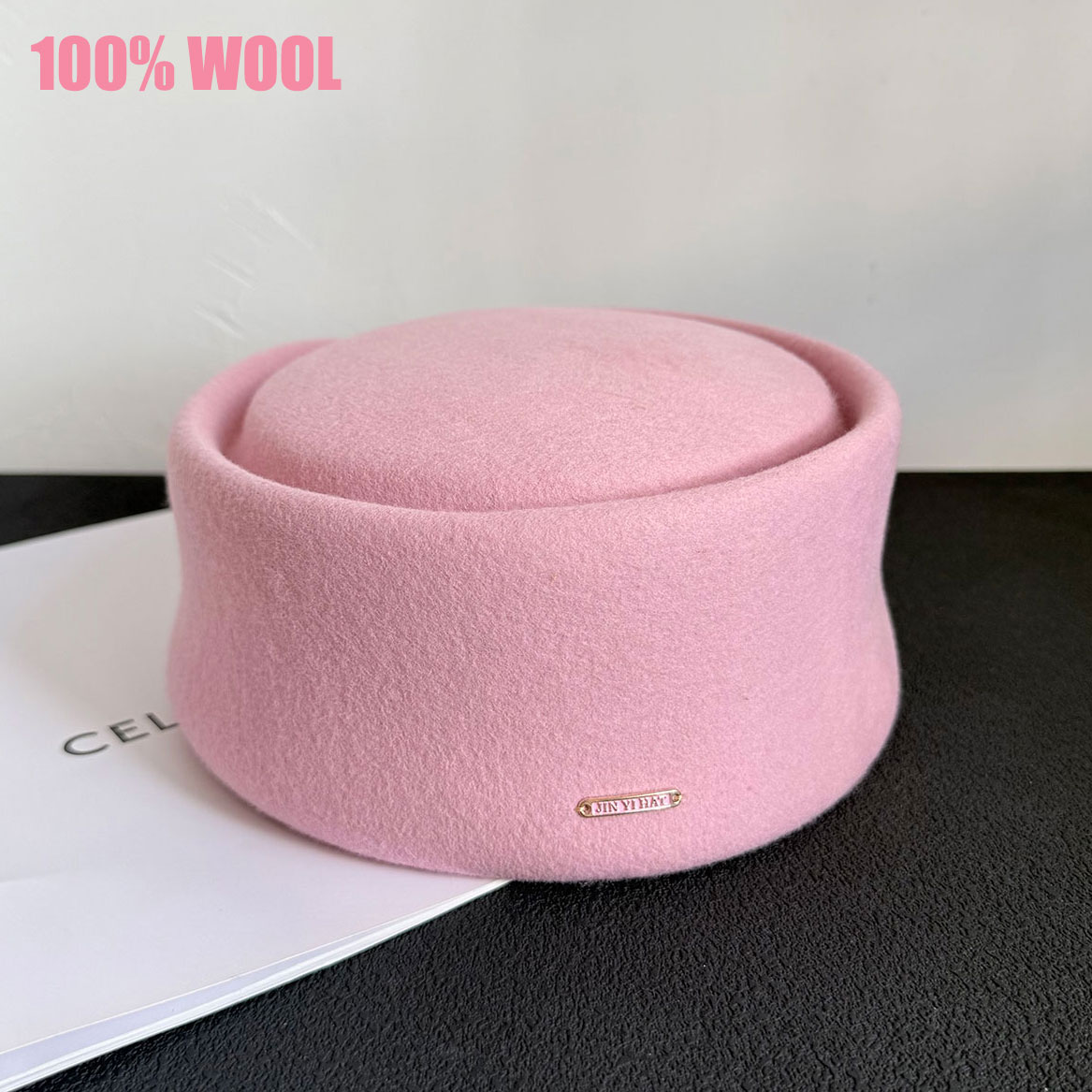 Beret French Wool - หมวกเบเร่ต์ทรงกล่องยา ขนสัตว์ 100% สีชมพู-ดำ สำหรับผู้หญิง แฟชั่นฤดูใบไม้ร่วง-ฤดูหนาว